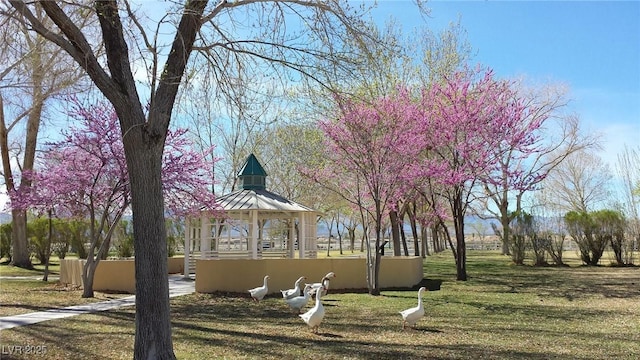 surrounding community with a lawn and a gazebo