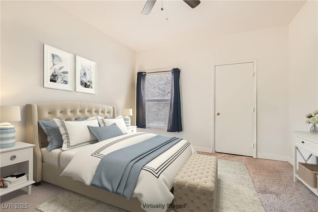 bedroom featuring light carpet, a ceiling fan, and baseboards