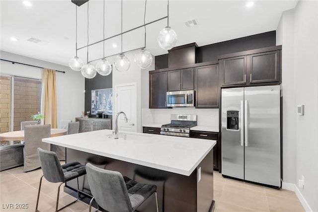 kitchen with pendant lighting, a center island with sink, stainless steel appliances, light countertops, and a sink