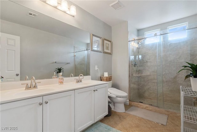 bathroom featuring double vanity, a sink, visible vents, and a shower stall