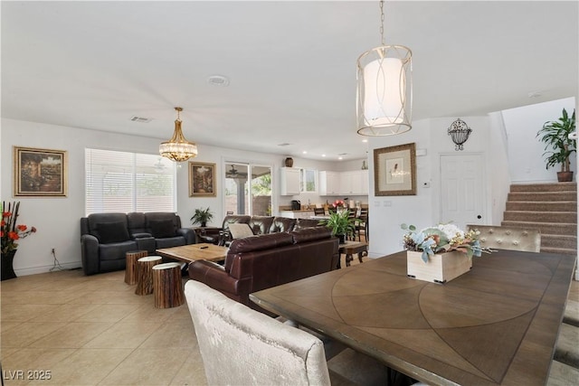 dining room with light tile patterned flooring, a notable chandelier, recessed lighting, visible vents, and stairway