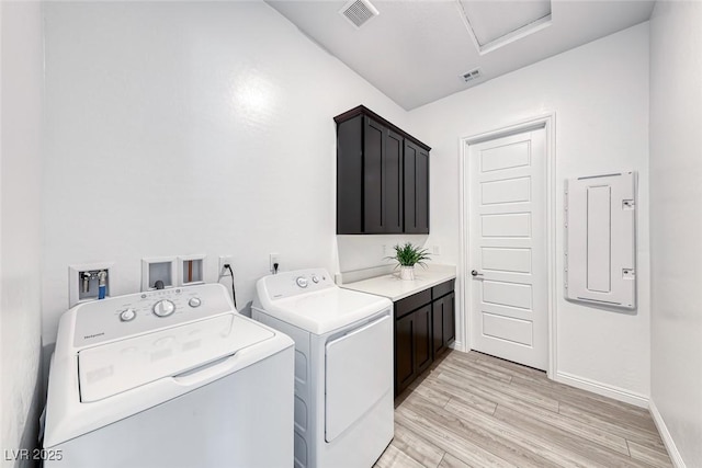 laundry room with washer and clothes dryer, light wood finished floors, visible vents, cabinet space, and baseboards