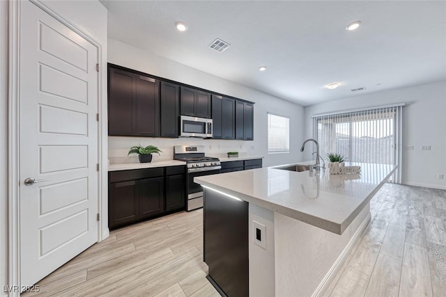 kitchen featuring light wood finished floors, visible vents, an island with sink, stainless steel appliances, and a sink