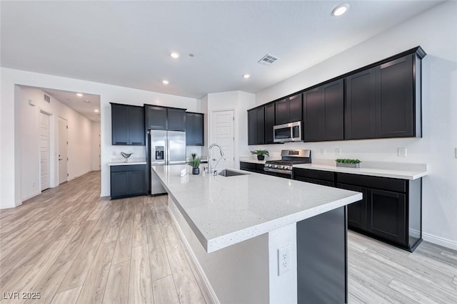 kitchen featuring visible vents, an island with sink, appliances with stainless steel finishes, light wood-type flooring, and a sink