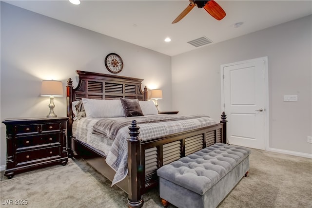 bedroom with ceiling fan, recessed lighting, light carpet, visible vents, and baseboards