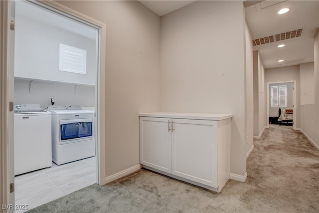 laundry room featuring light carpet, laundry area, visible vents, independent washer and dryer, and recessed lighting