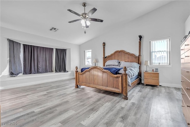 bedroom featuring lofted ceiling, light wood-type flooring, visible vents, and baseboards