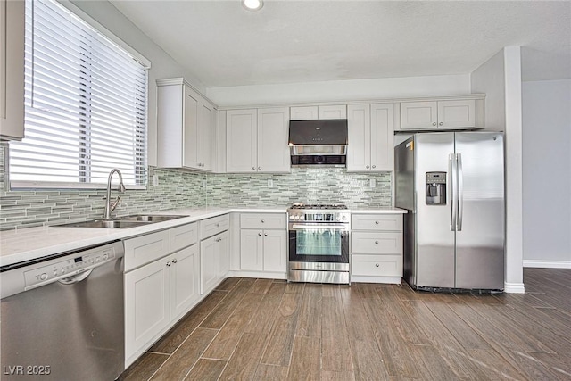 kitchen featuring a sink, stainless steel appliances, dark wood finished floors, and light countertops