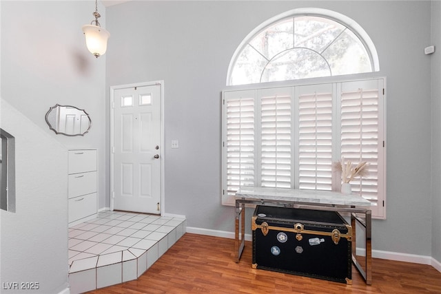 foyer featuring baseboards and wood finished floors