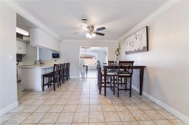 dining space with light tile patterned floors, visible vents, a ceiling fan, baseboards, and ornamental molding