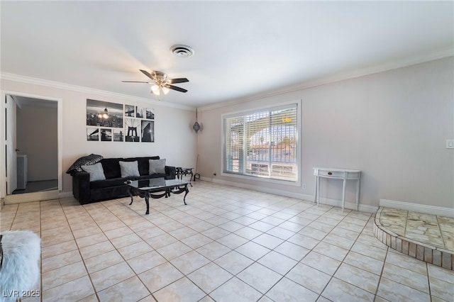 living room featuring light tile patterned floors, baseboards, visible vents, ceiling fan, and crown molding