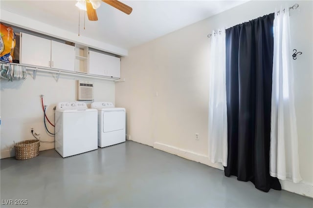 washroom featuring laundry area, a ceiling fan, and washing machine and clothes dryer