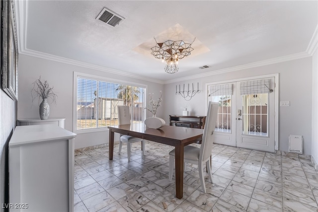 office with marble finish floor, french doors, crown molding, visible vents, and baseboards