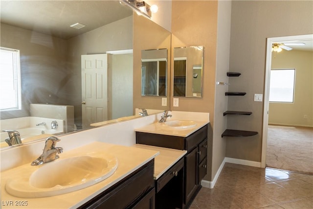 full bathroom with lofted ceiling, a healthy amount of sunlight, a garden tub, and tile patterned floors