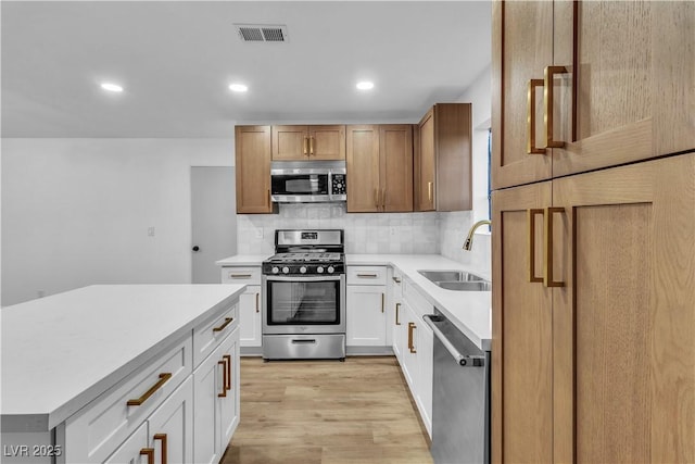 kitchen with visible vents, light wood-style flooring, a sink, tasteful backsplash, and appliances with stainless steel finishes