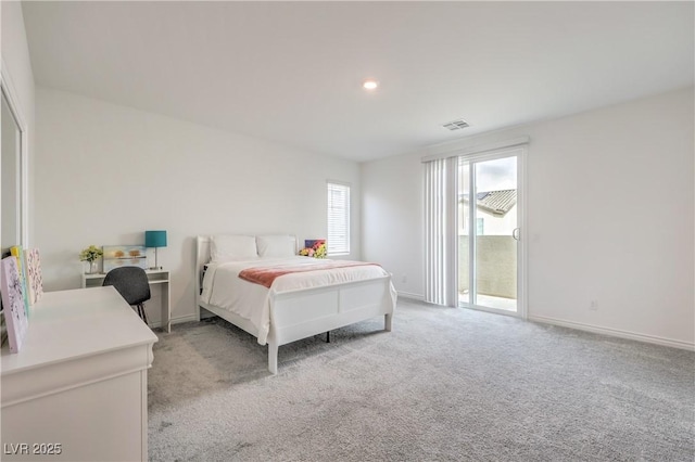 bedroom with light carpet, baseboards, visible vents, and access to exterior