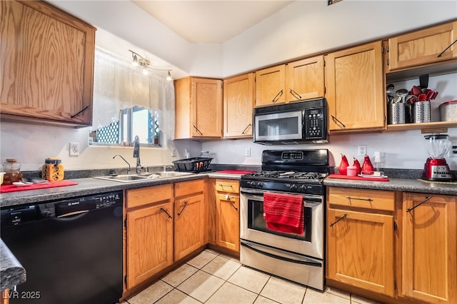 kitchen with a sink, black dishwasher, open shelves, dark countertops, and gas range