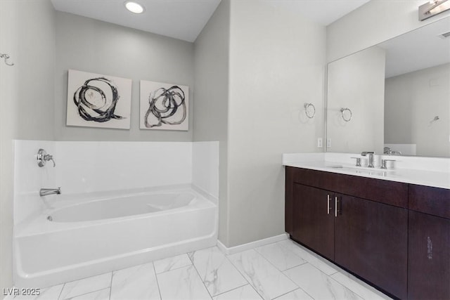 full bath with marble finish floor, visible vents, vanity, baseboards, and a bath