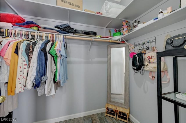 walk in closet with dark wood finished floors