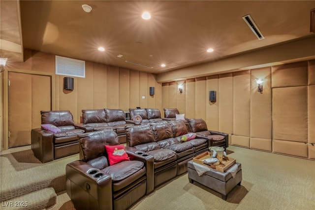 home theater room with visible vents, carpet flooring, and recessed lighting