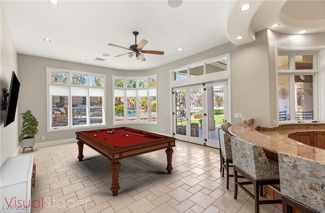 playroom with billiards, visible vents, a ceiling fan, french doors, and recessed lighting