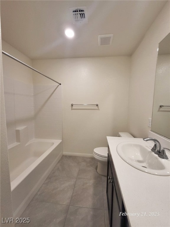 full bath with baseboards, visible vents, bathing tub / shower combination, toilet, and vanity