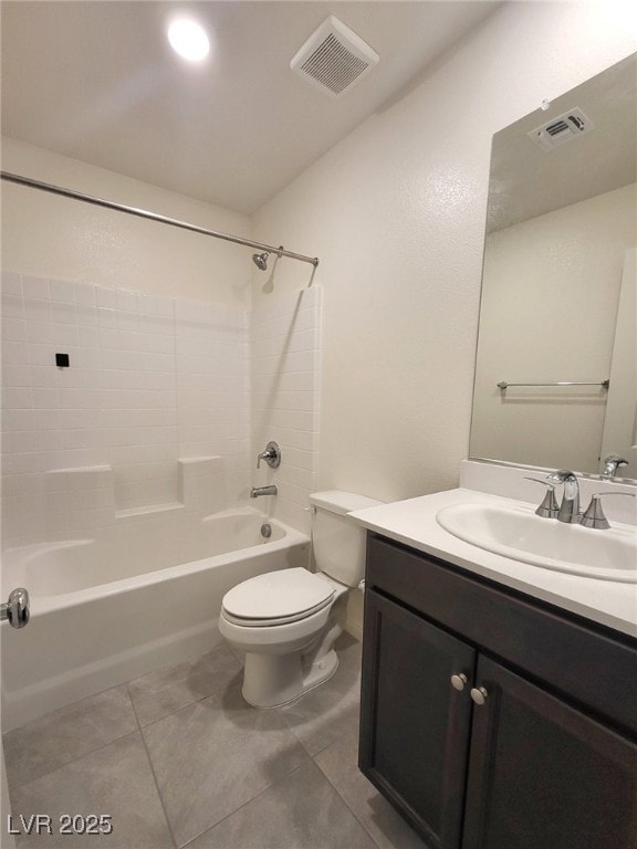 bathroom featuring shower / washtub combination, visible vents, vanity, and toilet