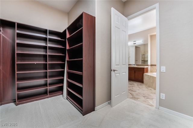 walk in closet featuring a sink and light colored carpet