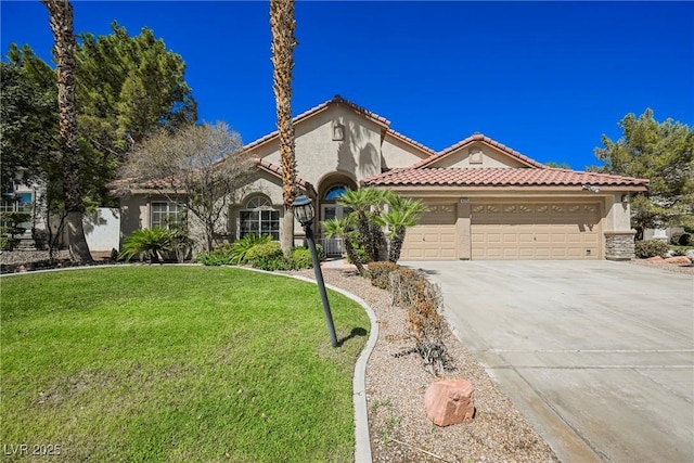 mediterranean / spanish-style house with a garage, a tile roof, concrete driveway, stucco siding, and a front lawn