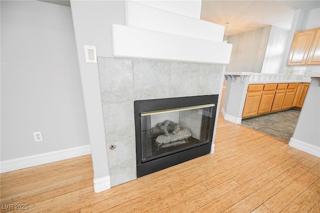 room details with a fireplace, baseboards, and wood finished floors