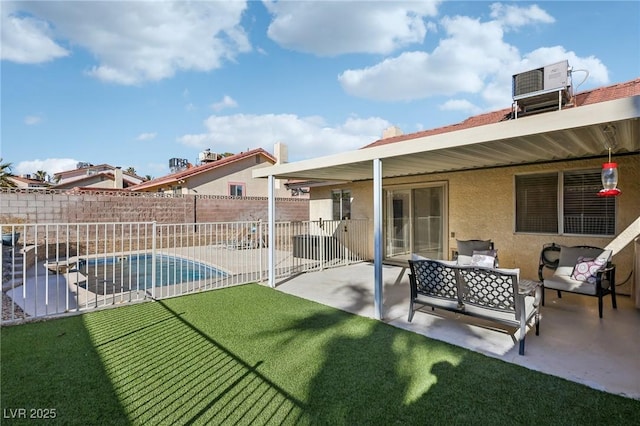 view of yard featuring central AC unit, a fenced in pool, a patio, a fenced backyard, and an outdoor living space