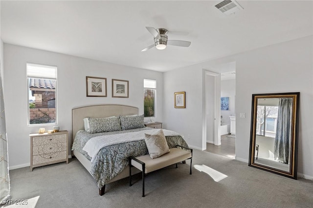 bedroom with baseboards, visible vents, a ceiling fan, and light colored carpet