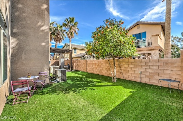 view of yard featuring central air condition unit, a fenced backyard, and a pergola