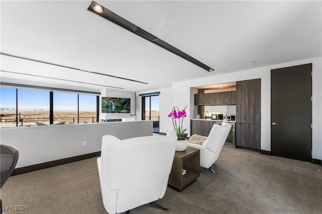 carpeted dining room featuring baseboards