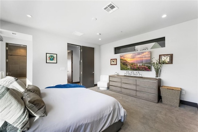 bedroom with light carpet, baseboards, visible vents, and recessed lighting