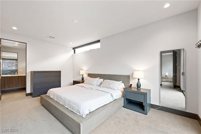 bedroom with light carpet, baseboards, visible vents, and recessed lighting