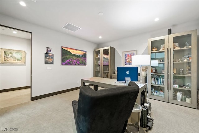 office space with baseboards, recessed lighting, visible vents, and light colored carpet