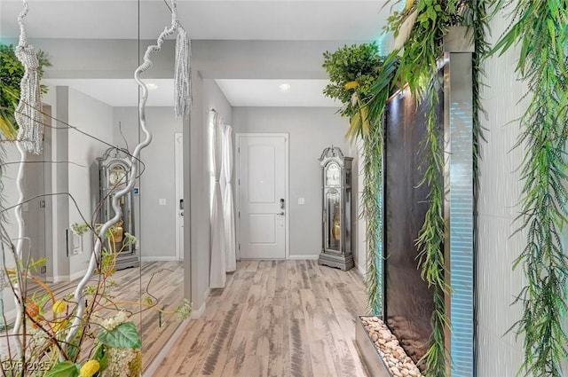 foyer entrance featuring light wood-style floors and baseboards