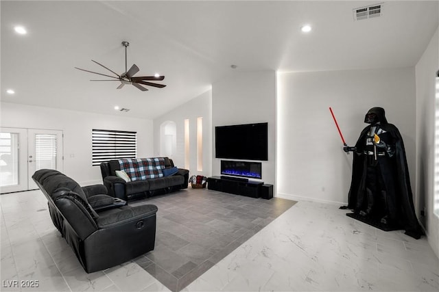 living room with lofted ceiling, marble finish floor, visible vents, and recessed lighting