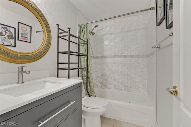 bathroom with toilet, shower / tub combo, tile patterned flooring, and vanity