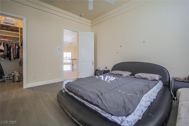 bedroom with wood finished floors, a ceiling fan, baseboards, a closet, and a walk in closet