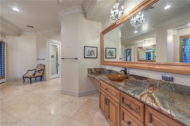 full bathroom with recessed lighting, a notable chandelier, crown molding, and baseboards