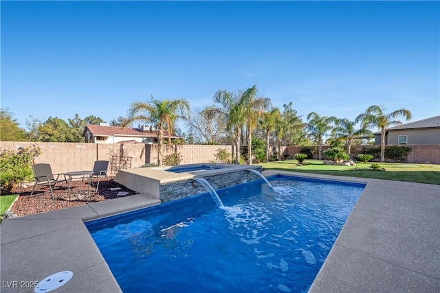 view of swimming pool featuring an in ground hot tub, a fenced backyard, and a fenced in pool