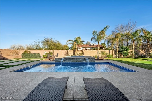 view of pool with a fenced backyard, a fenced in pool, and a lawn