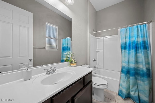 bathroom with shower / tub combo, tile patterned flooring, vanity, and toilet