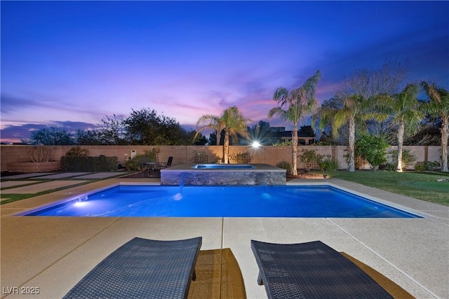 pool at dusk with a fenced backyard, a fenced in pool, and a patio