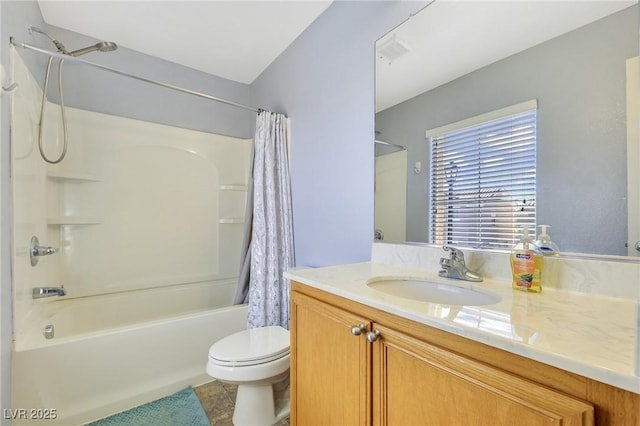 full bathroom with shower / bathtub combination with curtain, vanity, and toilet