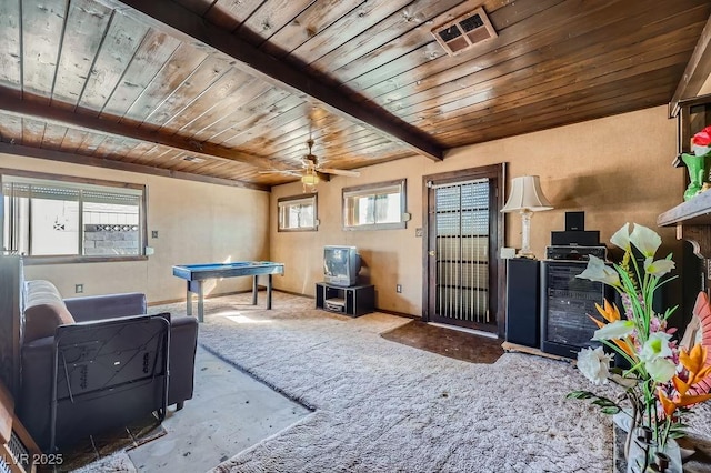 recreation room featuring a wealth of natural light, wood ceiling, and visible vents