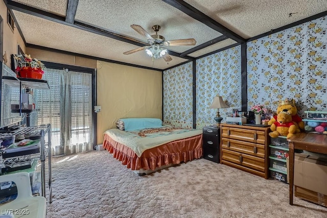 carpeted bedroom featuring crown molding, access to outside, a textured ceiling, and beamed ceiling