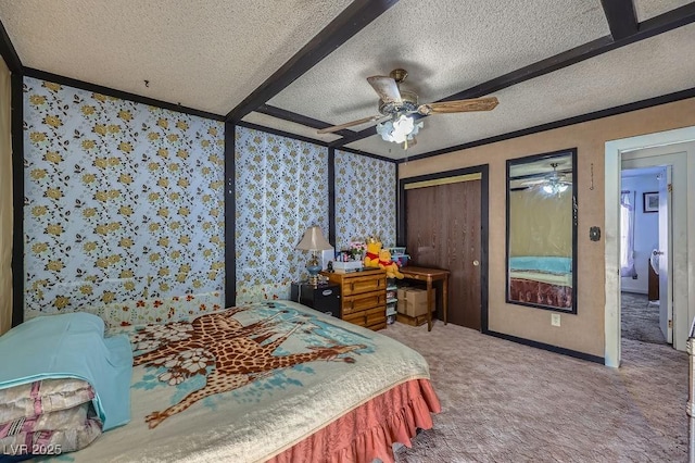 carpeted bedroom with a ceiling fan, baseboards, ornamental molding, and a textured ceiling